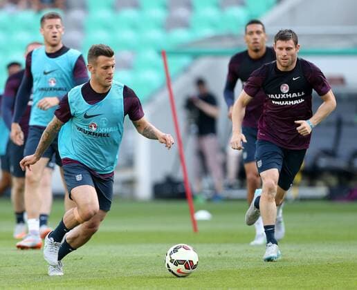 England s Jack Wilshere and James Milner during training England Training & press conference PK Pressekonferenz Stozice Stadium - Slovenia - 13th June 2015 - Picture David Klein Sportimage EDITORIAL USE ONLY. No use with unauthorised audio, video, data, fixture lists, club league logos or live services. Online in-match use limited to 120 images, no video emulation. No use in betting, games or single club league player publications.