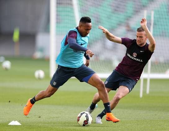 England s Nathaniel Clyne and Tom Cleverley in action during training England Training & press conference PK Pressekonferenz Stozice Stadium - Slovenia - 13th June 2015 - Picture David Klein Sportimage EDITORIAL USE ONLY. No use with unauthorised audio, video, data, fixture lists, club league logos or live services. Online in-match use limited to 120 images, no video emulation. No use in betting, games or single club league player publications.