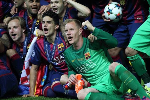 UEFA Champions League 2014 2015 Final Olympiastadion - Berlin Juventus v FC Barcelona Barca 06 06 2015 6th June 2015 Ivan Rakitic, Marc Bartra and Marc-Andre ter Stegen of FC Barcelona celebrate with the UEFA Champions League trophy after the UEFA Champions League Final 2014 2015 at the Olympiastadion in Berlin, Germany. FC Barcelona beat Juventus 3-1 to win the UEFA Champions League trophy for the fifth time in the history of the club. UEFA Champions League 2014 2015 Final Olympiastadion - Berlin Juventus v FC Barcelona