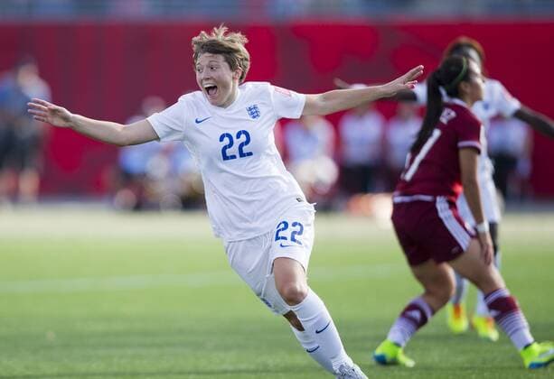 (150614) -- MONCTON, June 14, 2015 -- Fran Kirby(L) of England celebrates scoring during the group F match against Mexico at the 2015 FIFA Women s World Cup in Moncton, Canada, June 13, 2015. England won 2-1. ) (SP)CANADA-MONCTON-FIFA WOMEN S WORLD CUP-GROUP F-ENGLAND VS MEXICO ZouxZheng 