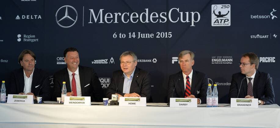 Pressekonferenz zum Ende des Mercedes-Cup v.li.: Peer ZEBERGS, Projektleiter MercedesCup, Edwin WEINDORFER, Turnierdirektor und Veranstalter MercedesCup, Jörg HOWE, Leiter Kommunikation Daimler AG, Mark Darby Supervisor ATP Tennis Herren Gert BRANDNER, Vorsitzender TC Weissenhof 14.06.2015 Tennis Mercedes-Cup Stuttgart Weißenhof TC Weissenhof Mercedescup Mercedes Cup 06.06..-14.06.2015 Mercedes-Cup Stuttgart Weißenhof 2015