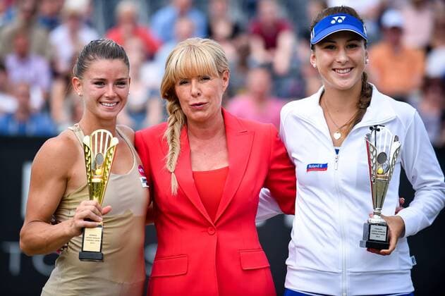 - ROSMALEN, NETHERLANDS: Italian Camila Giorgi, Topshelf chairwoman Inge van Kemenade and Swiss Belinda Bencic pictured after a tennis game between Italian Camila Giorgi and Swiss Belinda Bencic, the finals of the women s tournament at the Topshelf Open WTA Tennis Damen tennis tournament in Rosmalen, the Netherlands, Sunday 14 June 2015. LUCxCLAESSEN  x04642390x