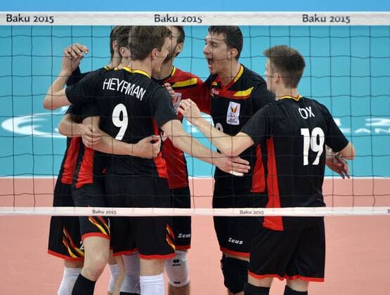 - BAKU, AZERBAIJAN: Belgian men s volleyball player react during a volleyball game between Belgium and Bulgaria in Pool B of the volleyball tournament at the European Games 2015, in Baku, Azerbaijan, Sunday 14 June 2015. The European Games 2015 multi event takes place from 12 to 28 June. ERICxLALMAND  x04642441x