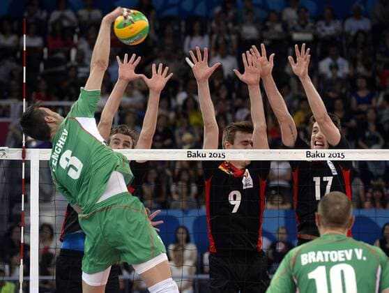 - BAKU, AZERBAIJAN: Belgium s Sander Depovere, Belgium s Dries Heyrman and Belgium s Tomas Rousseaux pictured in action during a volleyball game between Belgium and Bulgaria in Pool B of the volleyball tournament at the European Games 2015, in Baku, Azerbaijan, Sunday 14 June 2015. The European Games 2015 multi event takes place from 12 to 28 June. ERICxLALMAND  x04642475x