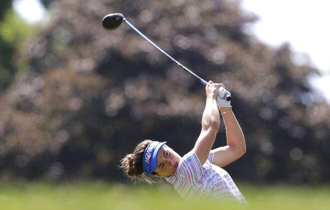 Joanna Klatten of France hits her tee shot on the 11th hole in the final round of the KPMG Women s PGA Golf Herren Championship at Westchester Country Club in Harrison, NY on June 14, 2015.  NYP20150614109 JOHNxANGELILLO