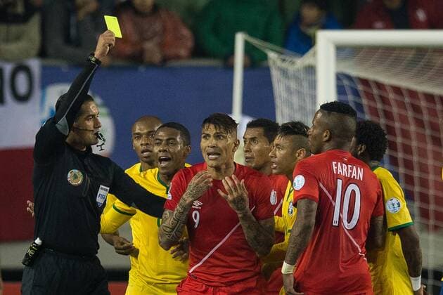 Brazil vs. Peru TEMUCO, AR - 06 14 2015: BRAZIL PERU X - Paolo Guerrero of Peru is given a yellow during match between Brazil vs Peru, valid for the first round of the first phase of Group C of the Copa America 2015 held at the Estadio Municipal Germ?n Becker. (Photo: Marcelo Machado de Melo FotoArena)  MarceloxMachadoxdexMelo
