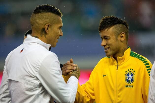 Brazil vs. Peru TEMUCO, AR - 06 14 2015: BRAZIL PERU X - Paolo Guerrero of Peru and Neymar of Brazil are cumpimentam before match between Brazil vs Peru, valid for the first round of the first phase of Group C of the Copa America 2015, held at the Municipal Stadium Germ?n Becker. (Photo: Marcelo Machado de Melo FotoArena)  MarceloxMachadoxdexMelo