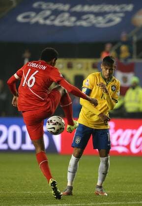 (150615) -- TEMUCO, June 14, 2015 -- Brazil s Neymar (R) vies with Peru s Carlos Lobaton during their Group C match at Copa America 2015 in Temuco, Chile, June 14, 2015. Brazil won 2-1. ) (SP)CHILE-TEMUCO-COPA AMERICA 2015-GROUP C-BRAZIL VS PERU XuxZijian 