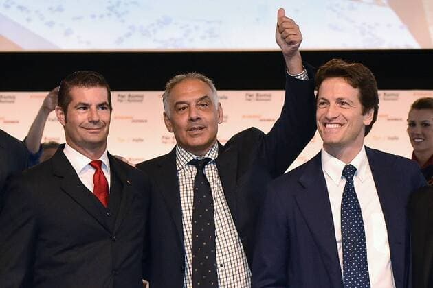 Aktuell Fußball, Italien, Serie A, Präsentation des Modells für das neue Stadion des AS Rom Mark Pannes, CEO di Stadio della Roma, James Pallotta AS Roma President, Luca Parnasi CEO Parsitalia Roma 15-06-2015 Präsentation des Modells für das neue Stadion des AS Rom. Presentation of the final design of the new AS Roma new stadium andreaxstaccioli