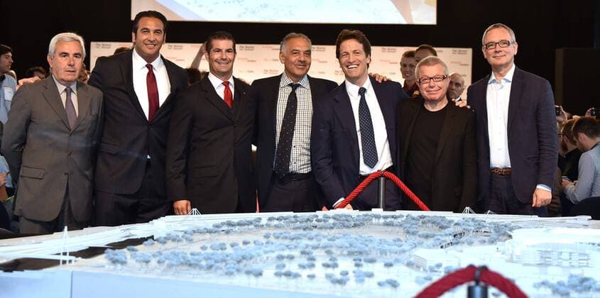 Aktuell Fußball, Italien, Serie A, Präsentation des Modells für das neue Stadion des AS Rom Riccardo Viola, Italo Zanzi CEO AS Roma, Mark Pannes, CEO di Stadio della Roma, James Pallotta AS Roma President, Luca Parnasi CEO Parsitalia, Daniel Libeskind ( Architect of Business Area ), Andreas Kipar ( Architect of Business Area ) Roma 15-06-2015 Präsentation des Modells für das neue Stadion des AS Rom. Presentation of the final design of the new AS Roma new stadium andreaxstaccioli