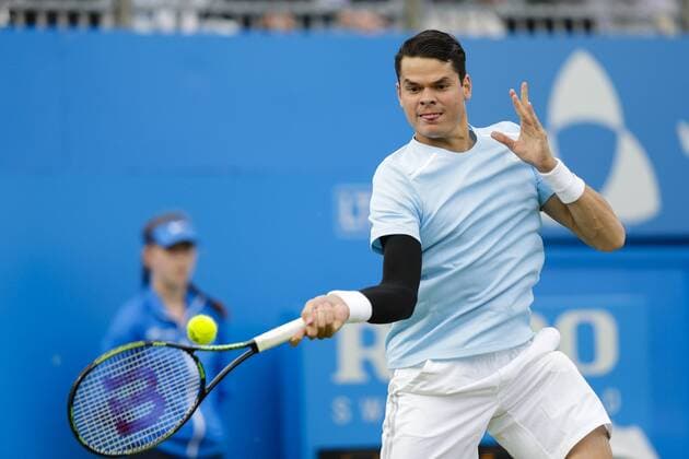 15.06.2015. London, England. Queens Aegon Championship Tennis. James Ward (GBR) versus Milos Raonic (CAN), 1st round match. Milos Raonic in action xCraigxMercerx  ActionPlus11631717