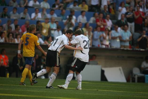 Fußball, WM 2006, München, Achtelfinale, Deutschland DFB - Schweden Miroslav Klose, Lukas Podolski
