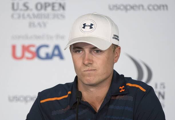 Jordan Spieth speaks to the media prior to the start of the 115th U.S. Open Championship at Chambers Bay on June 15, 2015 in University Place, Washington.  SEA20150615304 KEVINxDIETSCH