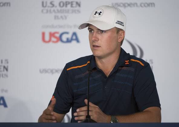 Jordan Spieth speaks to the media prior to the start of the 115th U.S. Open Championship at Chambers Bay on June 15, 2015 in University Place, Washington.  SEA20150615305 KEVINxDIETSCH