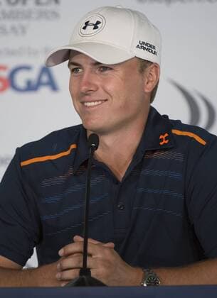 Jordan Spieth speaks to the media prior to the start of the 115th U.S. Open Championship at Chambers Bay on June 15, 2015 in University Place, Washington.  SEA20150615306 KEVINxDIETSCH