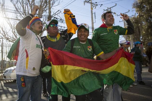 (150616) -- VALPARAISO, June, 2015 -- Fans of Bolivia react prior to the Group A match of the Copa America 2015 between Ecuador and Bolivia, to be held at Elias Figueroa Brander stadium, in Valparaiso, Chile, on June 15, 2015. ) (ce) (SP)CHILE-VALPARAISO-COPA AMERICA-ECUADOR VS BOLIVIA LuisxEcheverria 