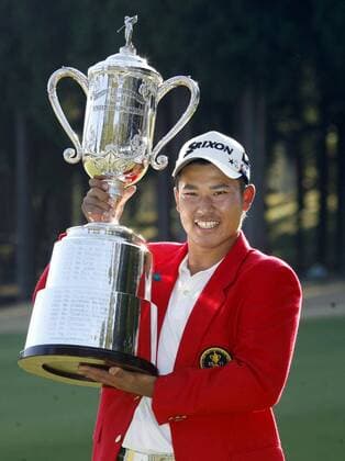 GOTEMBA, Japan - Asian amateur champion Hideki Matsuyama of Japan holds the trophy at Taiheiyo Club s Gotemba Course in Shizuoka Prefecture on Nov. 13, 2011, after winning the Taiheiyo Masters. The 19-year-old became the third amateur golfer to win on the JGTO Tour after Masahiro Kuramoto in 1980 and Ryo Ishikawa in 2007.  1113024