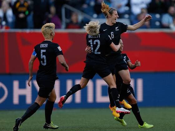 WINNIPEG, June 15, 2015 -- Rebekah Stott (R Up) of New Zealand celebrates during the Group A match between China and New Zealand at th Winnipeg Stadium in Winnipeg, Canada, on June 15, 2015. The match ended with a 2-2 draw. New Zealand was disqualified for the round of 16. ) (SP)CANADA-WINNIPEG-FIFA WOMEN S WORLD CUP-CHN VS NZL WangxLili 