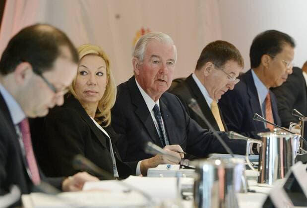 TOKYO, Japan - Craig Reedie (C), who heads the International Olympic Committee s Evaluation Committee, attends the third day of presentations March 6, 2013, of Tokyo s candidature file to the committee at a hotel in the Japanese capital.  0306013