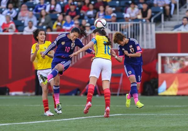 16 June 2015 Japan s Homare Sawa (10) heads the ball during the Ecuador vs Japan game at the Investors Group Field in Winnipeg MB. SOCCER: JUN 16 FIFA Women s World Cup - Group C - Ecuador v Japan Icon24885507 EDITORIAL USE ONLY