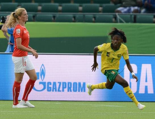 16 JUNE 2015: Cameroon s Gabrielle Onguene (7) celebrates after scoring the first goal against Switzerland at the FIFA Womens World Cup at Commonwealth Stadium in Edmonton, Alberta, Canada. SOCCER: JUN 16 FIFA Women s World Cup - Group C - Switzerland v Cameroon Icon20150611007 EDITORIAL USE ONLY