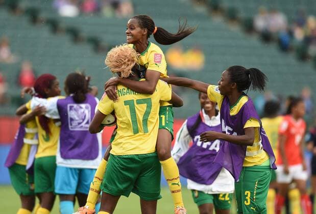 EDMONTON, June 16, 2015 -- Players of Cameroon celebrate after winning the group C match against Switzerland at the 2015 FIFA Women s World Cup in Edmonton, Canada, June 16, 2015. Cameroon won 2-1 and was qualified for the round of 16. ) (SP)CANADA-EDMONTON-FIFA WOMEN S WORLD CUP-GROUP A-SWITZERLAND VS CAMEROON WangxYuguo 