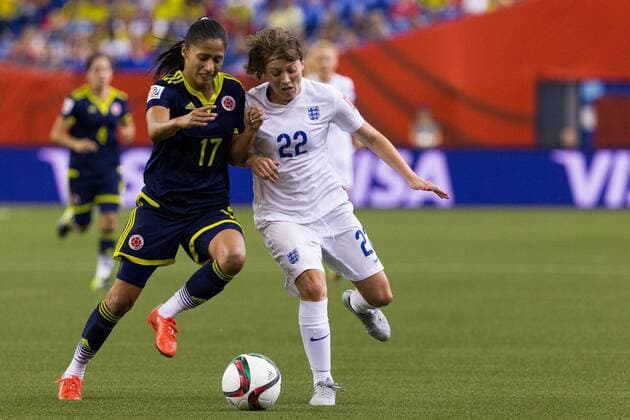 June 17, 2015 : Colombia midfielder Carolina Arias 17 and England forward Fran Kirby 22 fight for the ball during the 2015 FIFA Women s World Cup Group F match between England and Colombia at the Olympic Stadium in Montreal, Quebec, Canada. SOCCER: JUN 17 FIFA Women s World Cup - Group F - England v Colombia Icon15061706 EDITORIAL USE ONLY