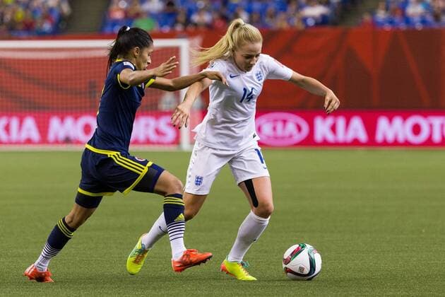 June 17, 2015 : Colombia midfielder Carolina Arias 17 and England defender Alex Greenwood 14 fight for the ball during the 2015 FIFA Women s World Cup Group F match between England and Colombia at the Olympic Stadium in Montreal, Quebec, Canada. SOCCER: JUN 17 FIFA Women s World Cup - Group F - England v Colombia Icon15061710 EDITORIAL USE ONLY
