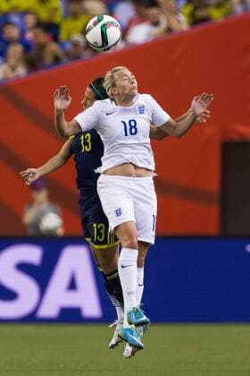 June 17, 2015 : Colombia midfielder Angela Clavijo 13 and England forward Toni Duggan 18 fight for the ball during the 2015 FIFA Women s World Cup Group F match between England and Colombia at the Olympic Stadium in Montreal, Quebec, Canada. SOCCER: JUN 17 FIFA Women s World Cup - Group F - England v Colombia Icon15061719 EDITORIAL USE ONLY