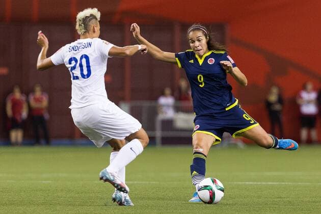 June 17, 2015 : Colombia midfielder Orianica Velasquez 9 takes a shot during the 2015 FIFA Women s World Cup Group F match between England and Colombia at the Olympic Stadium in Montreal, Quebec, Canada. SOCCER: JUN 17 FIFA Women s World Cup - Group F - England v Colombia Icon15061721 EDITORIAL USE ONLY