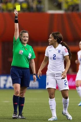 June 17, 2015 : England defender Alex Scott 2 receives a yellow card by referee Carol Anne Chenard during the 2015 FIFA Women s World Cup Group F match between England and Colombia at the Olympic Stadium in Montreal, Quebec, Canada. SOCCER: JUN 17 FIFA Women s World Cup - Group F - England v Colombia Icon15061723 EDITORIAL USE ONLY