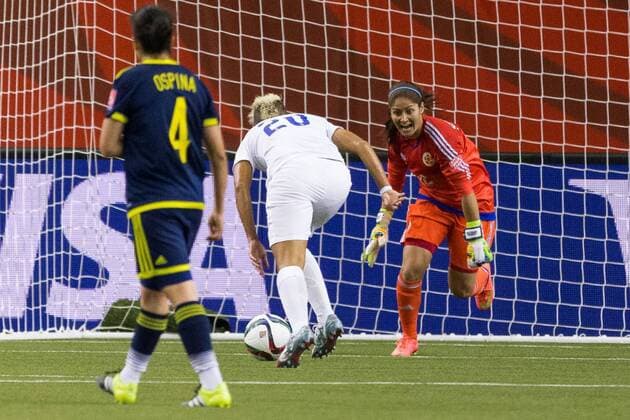 June 17, 2015 : Colombia goalkeeper Sandra Sepulveda 12 challenges England forward Lianne Sanderson 20 during the 2015 FIFA Women s World Cup Group F match between England and Colombia at the Olympic Stadium in Montreal, Quebec, Canada. SOCCER: JUN 17 FIFA Women s World Cup - Group F - England v Colombia Icon15061726 EDITORIAL USE ONLY