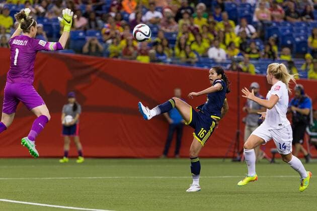 June 17, 2015 : Colombia forward Lady Andrade 16 kicks the ball over England goalkeeper Karen Bardsley 1 during the 2015 FIFA Women s World Cup Group F match between England and Colombia at the Olympic Stadium in Montreal, Quebec, Canada. SOCCER: JUN 17 FIFA Women s World Cup - Group F - England v Colombia Icon15061728 EDITORIAL USE ONLY