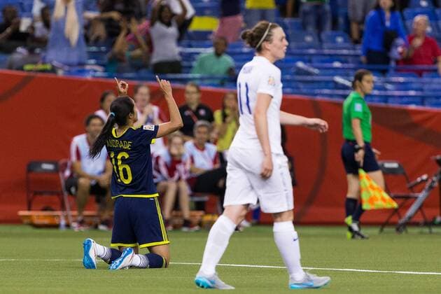 June 17, 2015 : Colombia forward Lady Andrade 16 celebrates a goal during the 2015 FIFA Women s World Cup Group F match between England and Colombia at the Olympic Stadium in Montreal, Quebec, Canada. SOCCER: JUN 17 FIFA Women s World Cup - Group F - England v Colombia Icon15061729 EDITORIAL USE ONLY