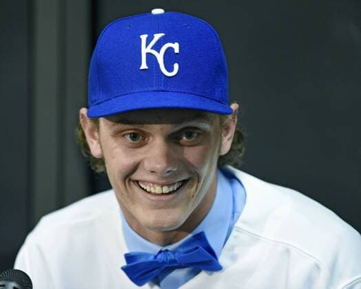 June 17, 2015 - Kansas City, MO, USA - Kansas City Royals first round draft pick Ashe Russell is introduced after signing on Wednesday, June 17, 2015, at Kauffman Stadium in Kansas City, Mo., before the Royals play host to the Milwaukee Brewers. Kansas City Royals first round draft pick Ashe Russell - ZUMAm67_
