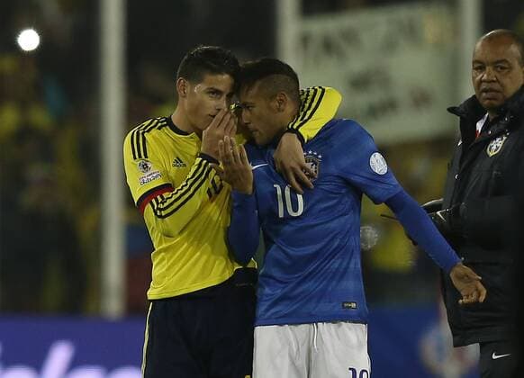 James Rodriguez, Neymar Jr. Brazil vs Colombia SANTIAGO, SC - 17 06 2015: BRAZIL X COLOMBIA - James Rodriguez (li., Kolumbien) und Neymar Jr (Brasilien) - Photo during the match between Brazil vs Colombia, valid for Football, held at the Monumental Stadium in Santiago. (Photo: Carlos Ezequiel Vannoni FotoArena)  CarlosxEzequielxVannoni