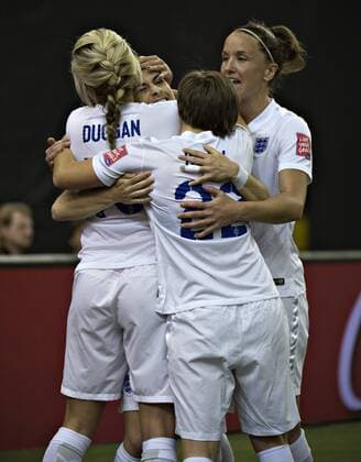 MONTREAL, June 17, 2015 -- England s players celebrate for a goal against Colombia during the Group F match at the 2015 FIFA Women s World Cup in Montreal, Canada, on June 17, 2015. England won 2-1. ) (SP)CANADA-MONTREAL-FIFA WOMEN S WORLD CUP-ENGLAND VS COLOMBIA AndrewxSoong 
