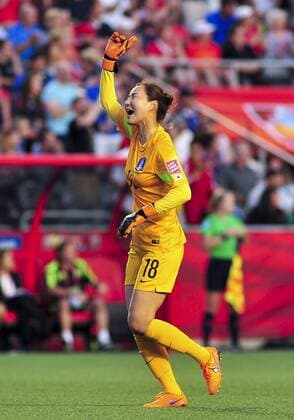 June 17, 2015: Goalkeeper Kim Jungmi ( 18) of Korea Republic celebrates after a Korea goal during the FIFA 2015 Women s World Cup Group E match between Korea and Spain at Lansdowne Stadium in Ottawa, Canada. Korea recovered from a 1-0 deficit at half time to win 2-1 and progress to the knockout stages. SOCCER: JUN 17 FIFA Women s World Cup - Group E - Korea v Spain Icon15061700011 EDITORIAL USE ONLY
