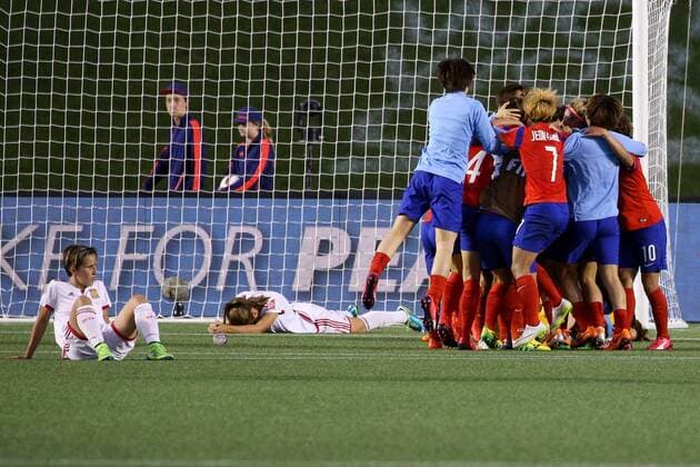 Enttäuschung bei Spanien, Jubel bei Korea, Spanien ist ausgeschieden, Südkorea zieht ins Achtelfinale ein, Freude und Trauer, Fussball, FIFA Frauen-WM 2015, Südkorea - Spanien, xozx