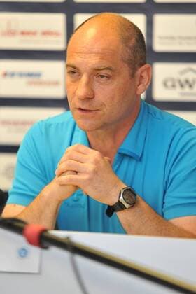 18.06.2015, xtkx, Volleyball 1.Bundesliga, VC Wiesbaden Pressekonferenz, v.l. Trainer Dirk Groß (VC Wiesbaden),