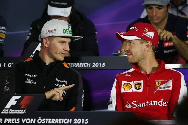 FORMULA 1 - GP of Austria 2015 SPIELBERG,AUSTRIA,18.JUN.15 - MOTORSPORTS, FORMULA 1 - Grand Prix of Austria, Red Bull Ring, preview, press conference PK Pressekonferenz Image shows Nico Huelkenberg (GER Force India) and Sebastian Vettel (GER Ferrari). GEPAxpictures xDanielxGoetzhaber