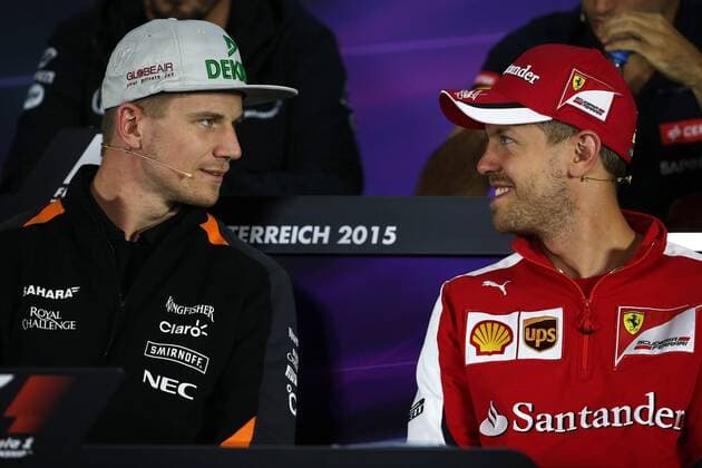 FORMULA 1 - GP of Austria 2015 SPIELBERG,AUSTRIA,18.JUN.15 - MOTORSPORTS, FORMULA 1 - Grand Prix of Austria, Red Bull Ring, preview, press conference PK Pressekonferenz Image shows Nico Huelkenberg (GER Force India) and Sebastian Vettel (GER Ferrari). GEPAxpictures xDanielxGoetzhaber