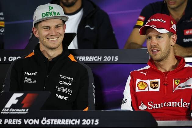 FORMULA 1 - GP of Austria 2015 SPIELBERG,AUSTRIA,18.JUN.15 - MOTORSPORTS, FORMULA 1 - Grand Prix of Austria, Red Bull Ring, preview, press conference PK Pressekonferenz Image shows Nico Huelkenberg (GER Force India) and Sebastian Vettel (GER Ferrari). GEPAxpictures xDanielxGoetzhaber