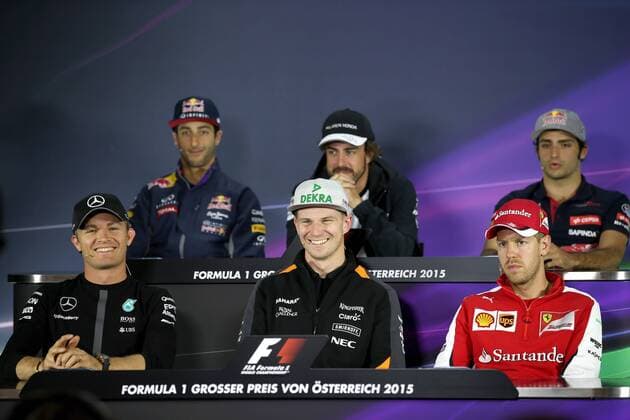 FORMULA 1 - GP of Austria 2015 SPIELBERG,AUSTRIA,18.JUN.15 - MOTORSPORTS, FORMULA 1 - Grand Prix of Austria, Red Bull Ring, preview, press conference PK Pressekonferenz Image shows Nico Rosberg (GER Mercedes GP), Daniel Ricciardo (AUS Infiniti Red Bull Racing), Nico Huelkenberg (GER Force India), Fernando Alonso (ESP McLaren Honda), Sebastian Vettel (GER Ferrari) and Carlos Sainz (ESP Scuderia Toro Rosso). GEPAxpictures xDanielxGoetzhaber