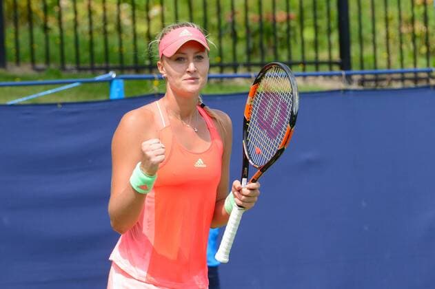 June 18, 2015 - Birmingham, England - KRISTINA MLADENOVIC of France celebrates match point in her match v. B. Strycova at the Aegon Classic tennis tournament in Birmingham England on Thursday June 18 2015 Tennis 2015 - Aegon Classic - Day 6 - ZUMAl132