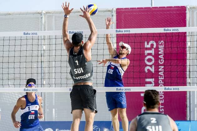 From left Robert Kufa of Czech Republic, Marco Krattiger of Sweden, Jan Dumek from Czech Republic and Sebastien Chevallier of Sweden in action during the Men s Beach volleyball Beachvolleyball Preliminary Round Group H match Switzerland vs Czech Republic at the Baku 2015 1st European Games in Baku, Azerbaijan, June 18, 2015. (CTKxPhoto DavidxTanecek) CTKPhotoP201506180743001  TAD 018