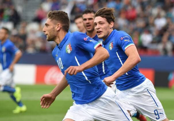 From left football players Domenico Berardi and Andrea Belotti of Italy celebrate first goal during the UEFA European U21 U 21 soccer championship group B match Italy vs Sweden in Olomouc, Czech Republic, June 18, 2015. (CTKxPhoto LudekxPerina) CTKPhotoP201506180910301  LPE 004