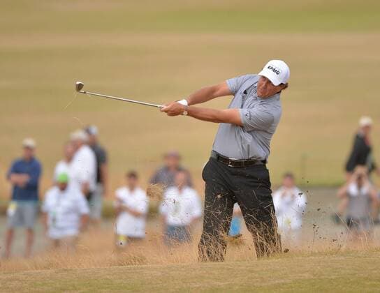 Phil Mickelson hits out of the rough on the hole four in the first round of the 115th U.S. Open Championship at Chambers Bay on June 18, 2015 in University Place, Washington.  SEA20150618215 KEVINxDIETSCH