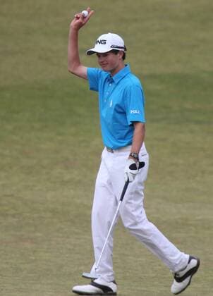 Fifteen-year-old amateur Cole Hammer reacts to his par on the15th hole in the first round of the 115th U.S. Open Championship at Chambers Bay on June 18, 2015 in University Place, Washington.  SEA20150618263 JIMxBRYANT