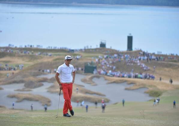 Rickey Fowler waits to putt on fourth green in round one of the 115th U.S. Open Championship at Chambers Bay on June 18, 2015 in University Place, Washington.  SEA201506182105 KEVINxDIETSCH